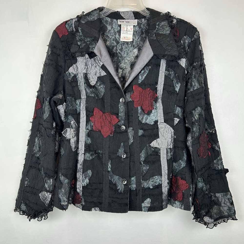 Whimsigoth Jacket Womens L Black Layered Button Blazer Witchy Lace Ruffle Read